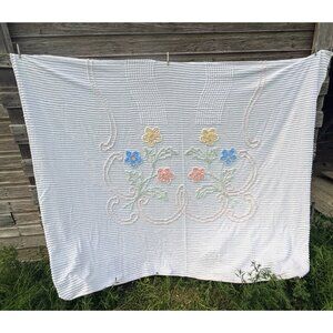 Vintage 50's White Pastel Floral Cotton Chenille Bedspread Cutter 68x89"